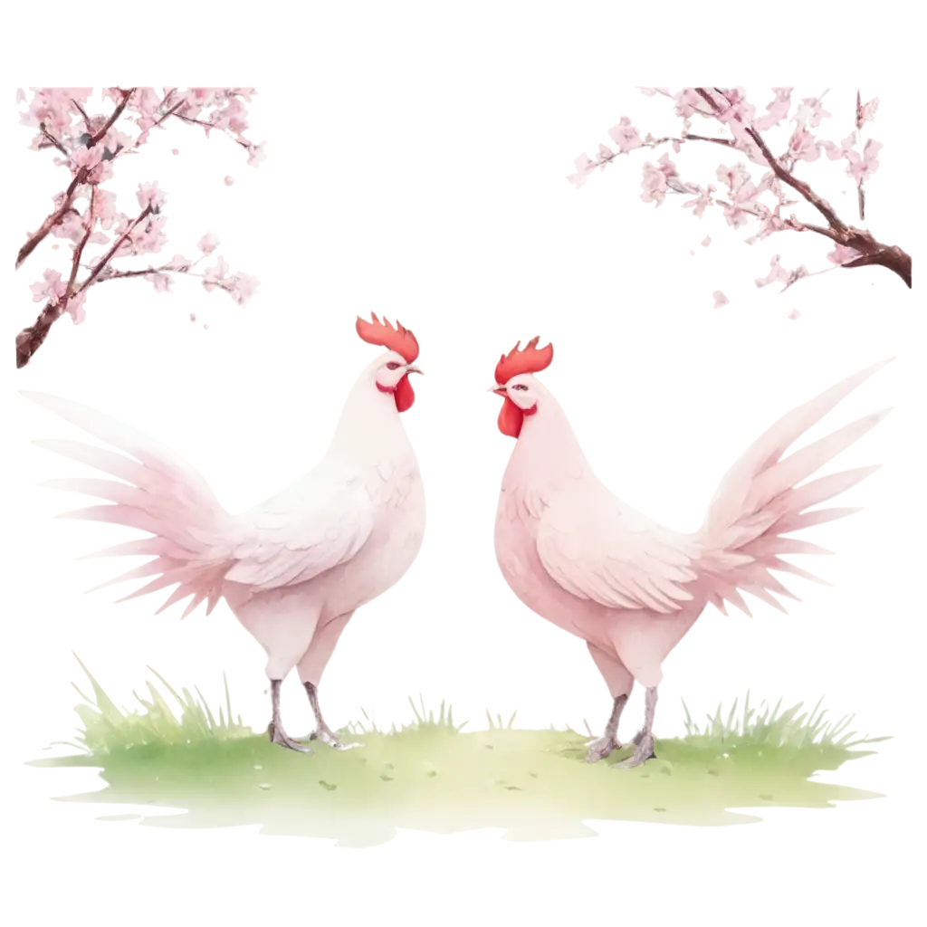 PNG-Image-of-Fat-Roosters-Under-Cherry-Blossoms-with-Crossed-Katanas-and-Origami-Birds-Mystical-Spring-Scene