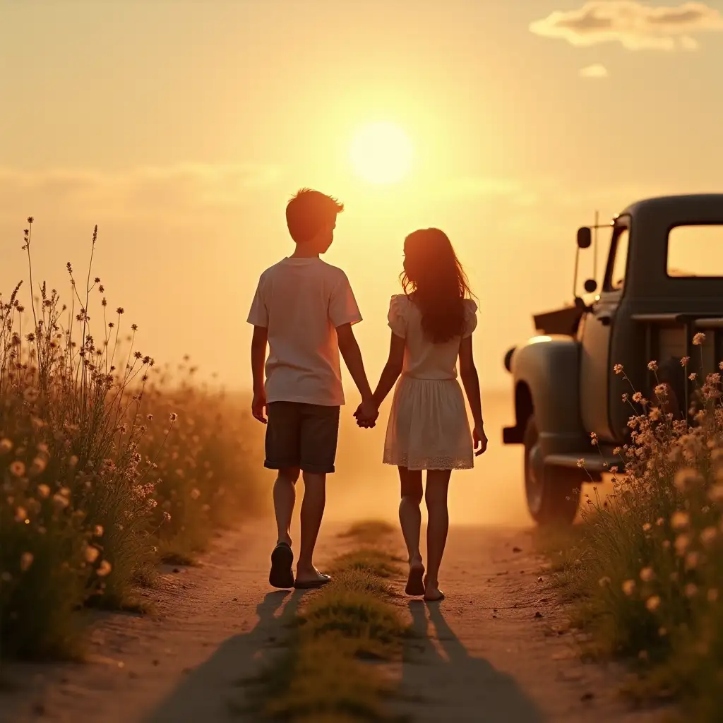 A nostalgic, golden-hour scene of a teenage boy and girl walking down a dusty dirt road, barefoot and carefree. Their silhouettes are backlit by the warm glow of the setting sun, casting long shadows. An old pickup truck is parked off to the side, hinting at late-night drives and endless summer memories. Wildflowers and tall grass line the road, swaying gently in the breeze. The sky is painted in soft oranges and pinks, evoking the innocence of young love and small-town dreams. The title, 'Two Kids and a Dirt Road,' is written in a rustic, handwritten font, blending seamlessly into the country feel of the image.