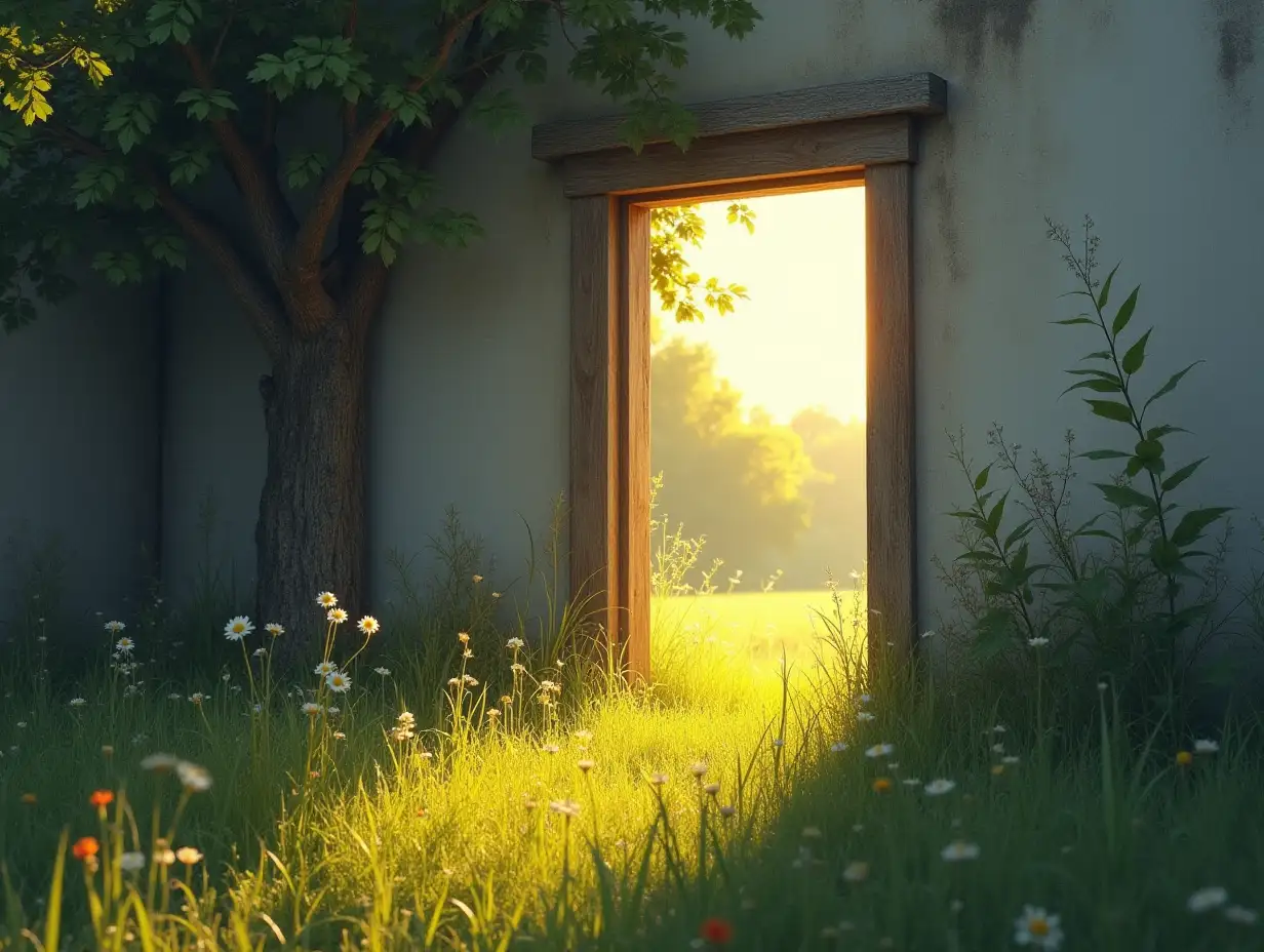 Morning-Sunlight-on-Grass-by-a-Wooden-Door-with-Gentle-Breeze