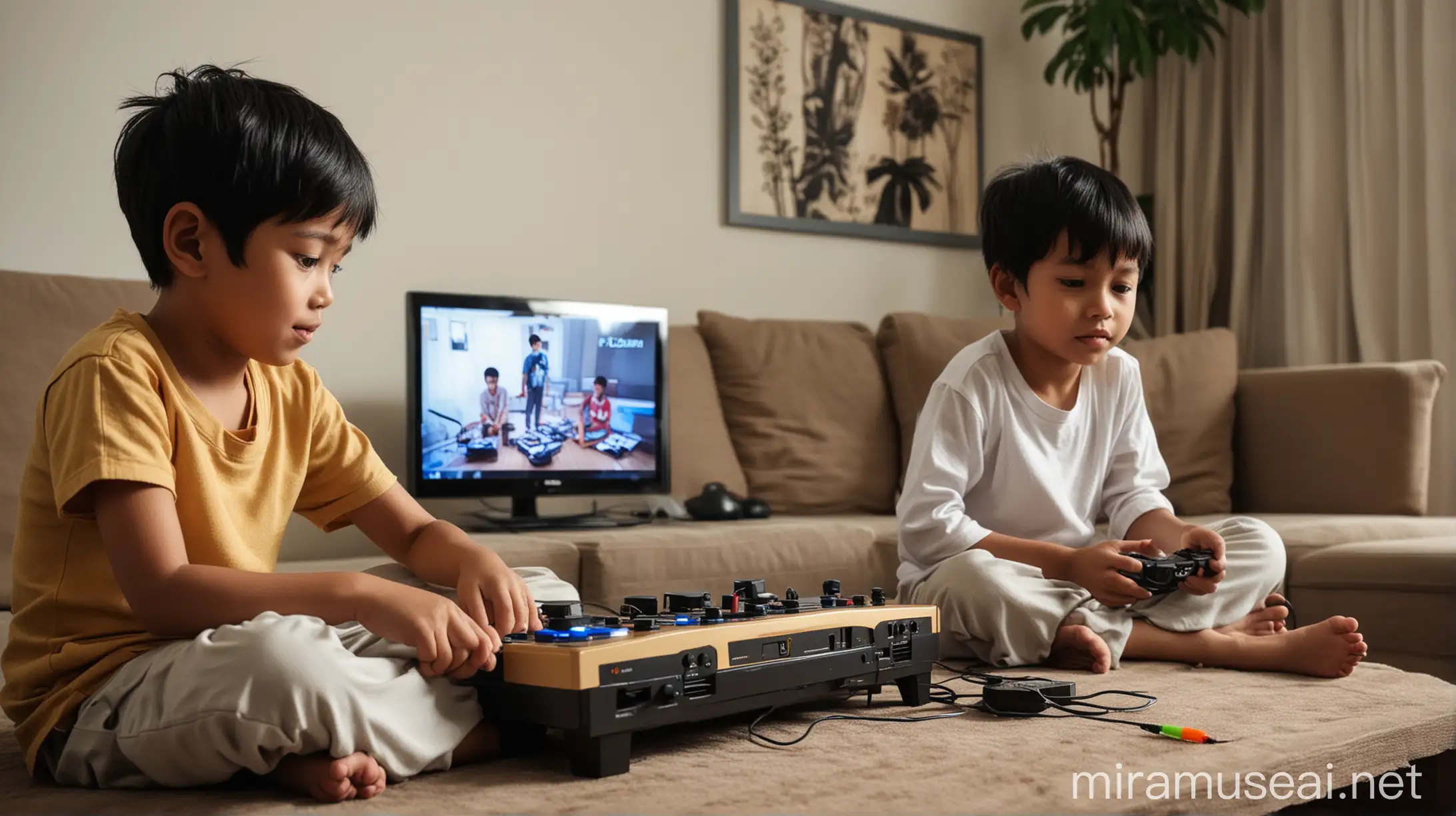 Two Indonesian Twin Boys Playing PlayStation in Cozy Living Room