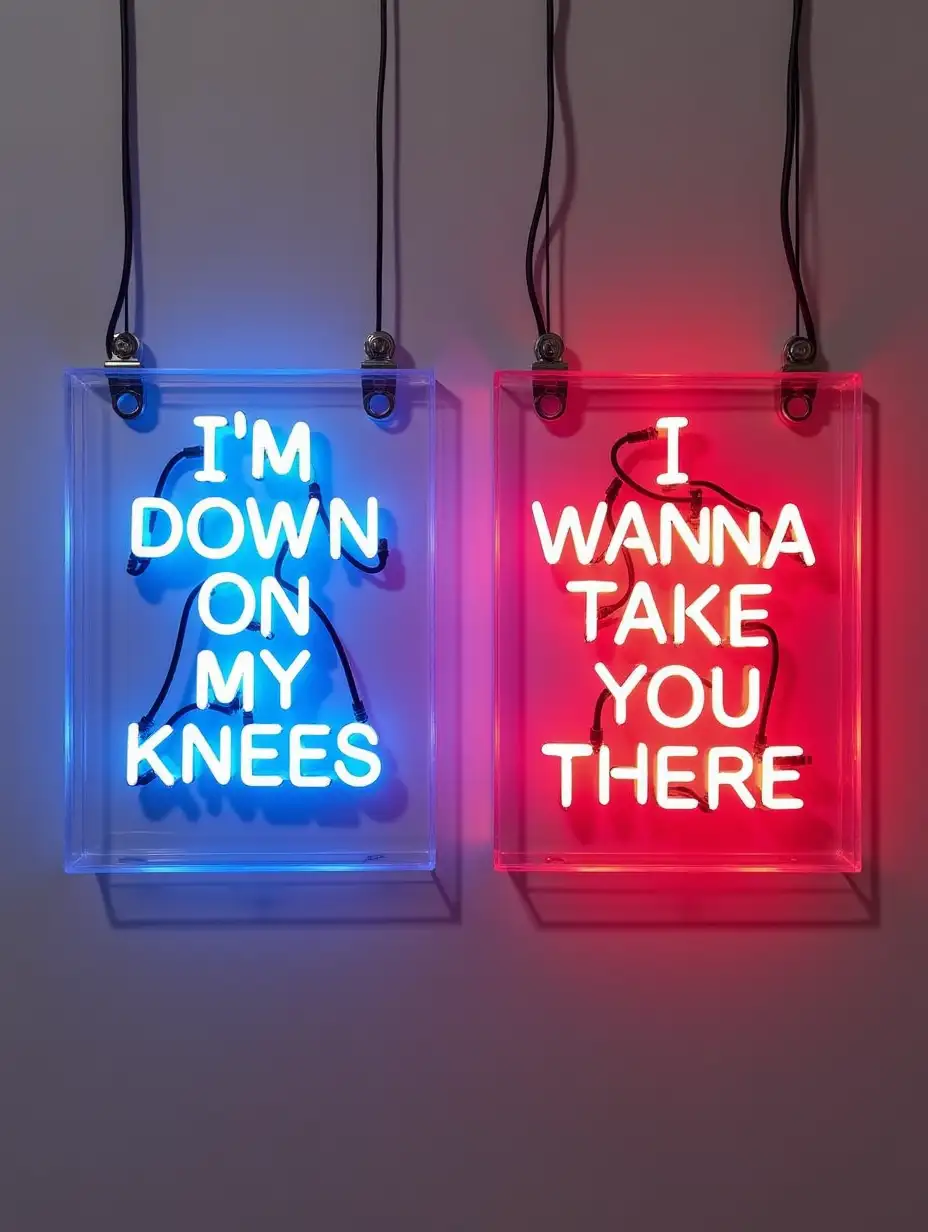 Create a 2 neon signs in clear perspex cases in 4: 3 format. they are both identical formats and each hangs from 2 metal "D" hooks at the top of the case. One sign says " I'M DOWN ON MY KNEES " in Blue neon. The other says "I WANNA TAKE YOU THERE" in red neon. All the electrical wires and connections of the neon signs are clearly visible. All connections are at the top of the signs.