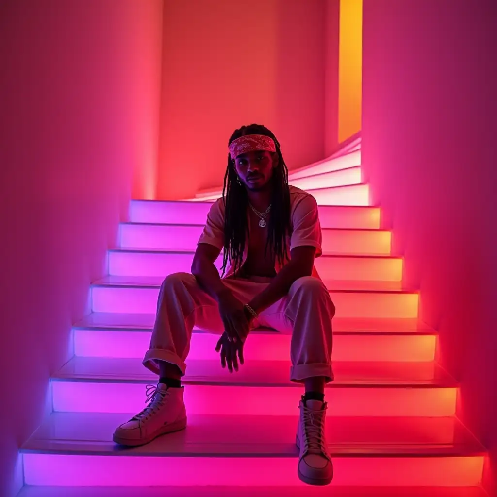 A retro, minimalist staircase inspired by the 'Hotline Bling' aesthetic. The stairs glow with soft neon lighting, transitioning from deep purple at the bottom to warm orange at the top. The background is an abstract, vintage-style space with smooth, gradient lighting, evoking a nostalgic 80s and 90s vibe. Sitting on the stairs is an African male singer with long braids, wearing a stylish bandana and a retro outfit. He has a relaxed, introspective pose, exuding confidence and artistic energy. The atmosphere is sleek, dreamy, and visually striking, with warm and cool tones blending smoothly