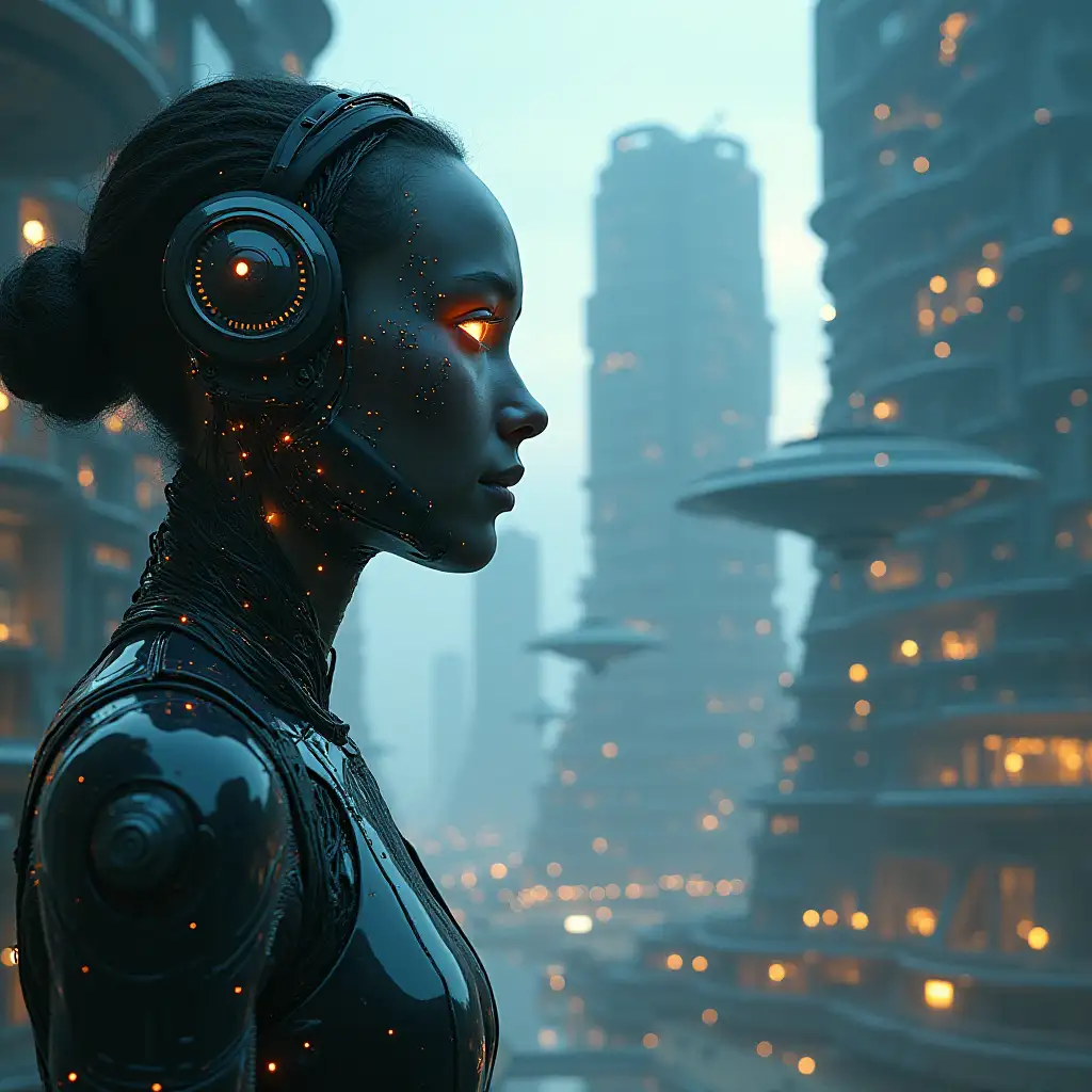 El 2200: The Era of SingularitynA human with cybernetic implants and glowing eyes connected to a digital network.nAn advanced city with floating buildings and clean energy technology.nConceptual illustration of first contact with an extraterrestrial civilization.