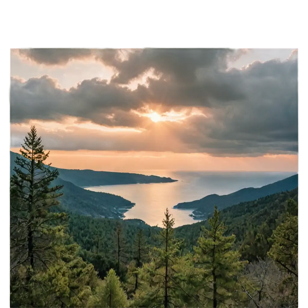 Stunning-PNG-Image-of-Mountains-Pines-Sunset-Clouds-and-Sea