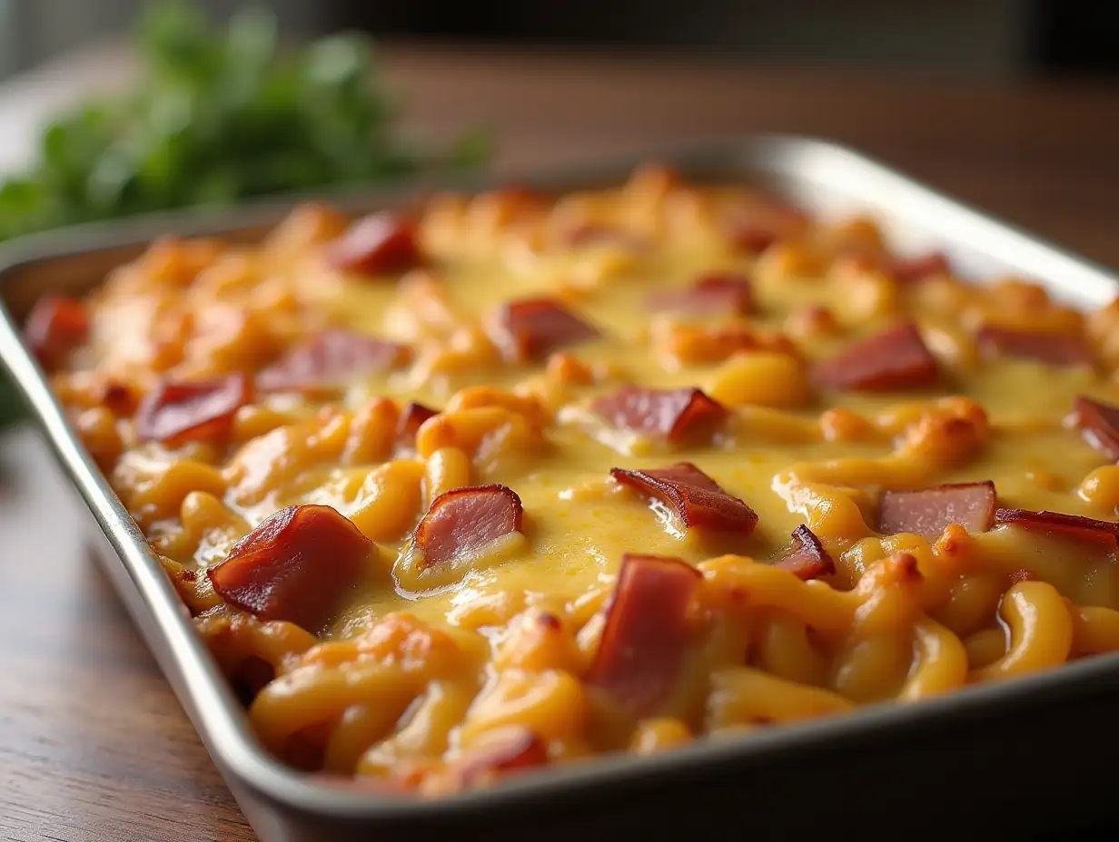 Austrian Baked Ham Cheese and Noodle Casserole closeup on the baking dish on the table Horizontal  Generative AI