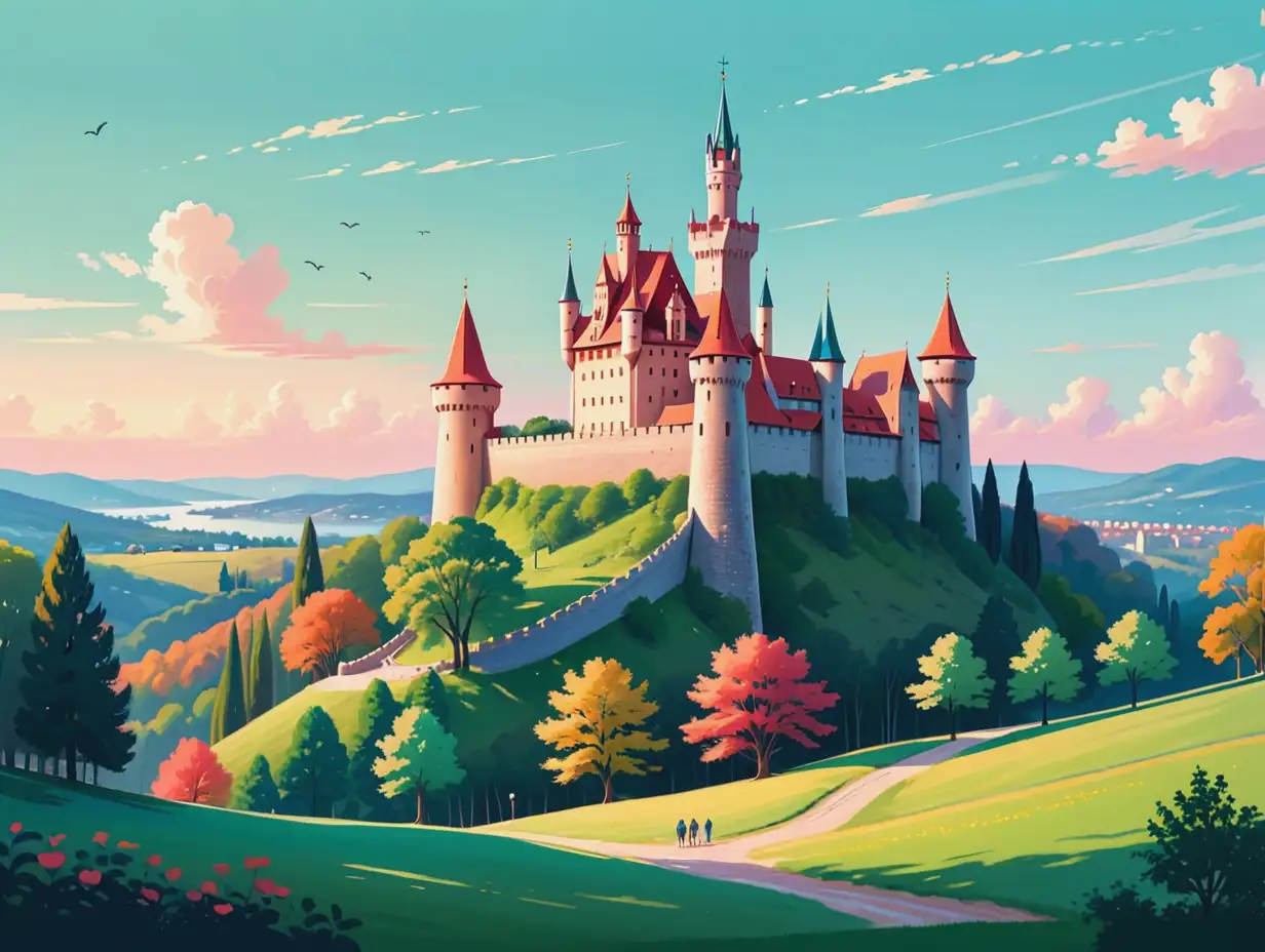 European-Touristic-Castle-Surrounded-by-Lush-Nature-in-Pastel-Colors