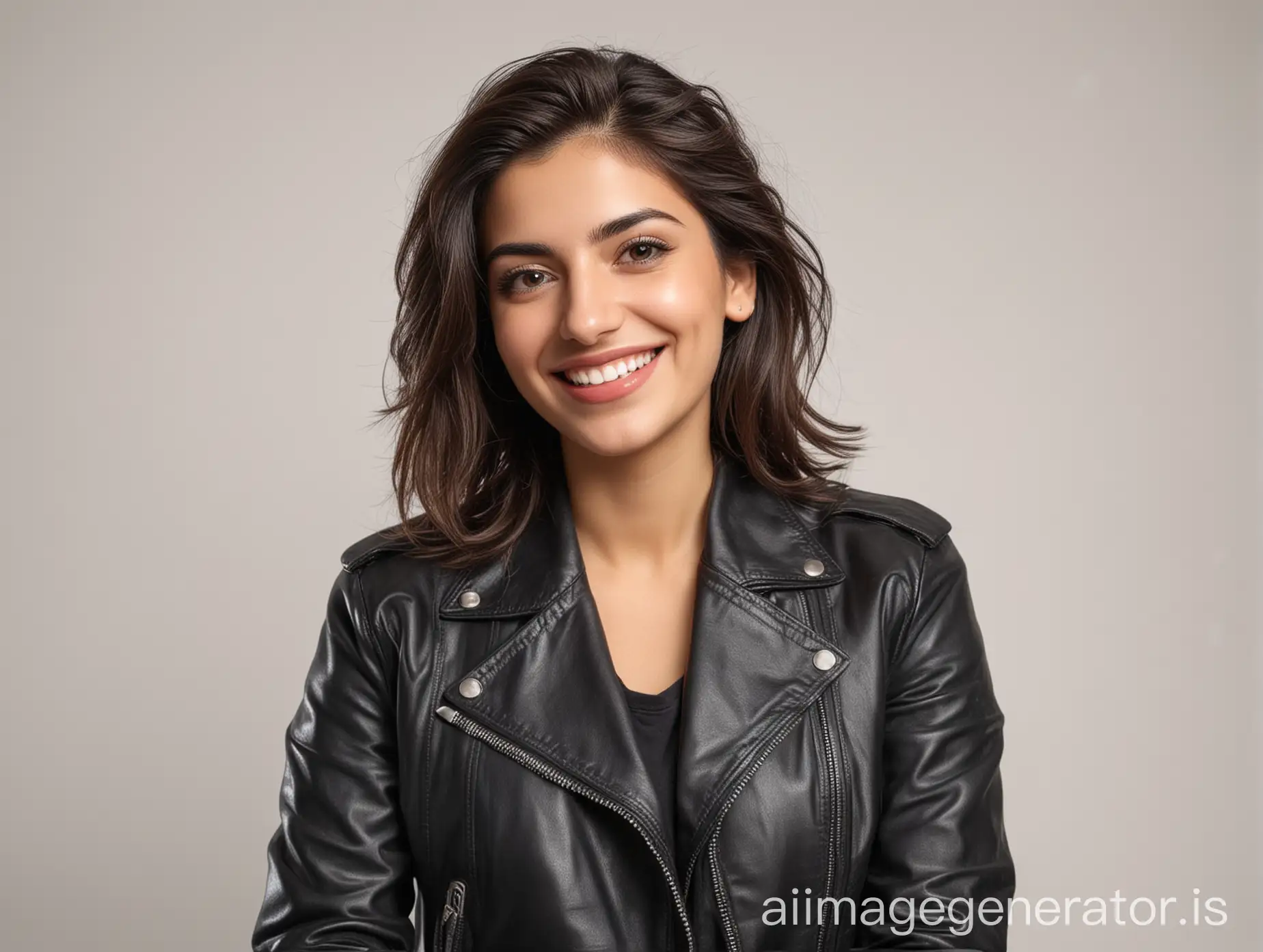 Smiling-Armenian-Woman-in-Shirt-and-Leather-Jacket-on-White-Background