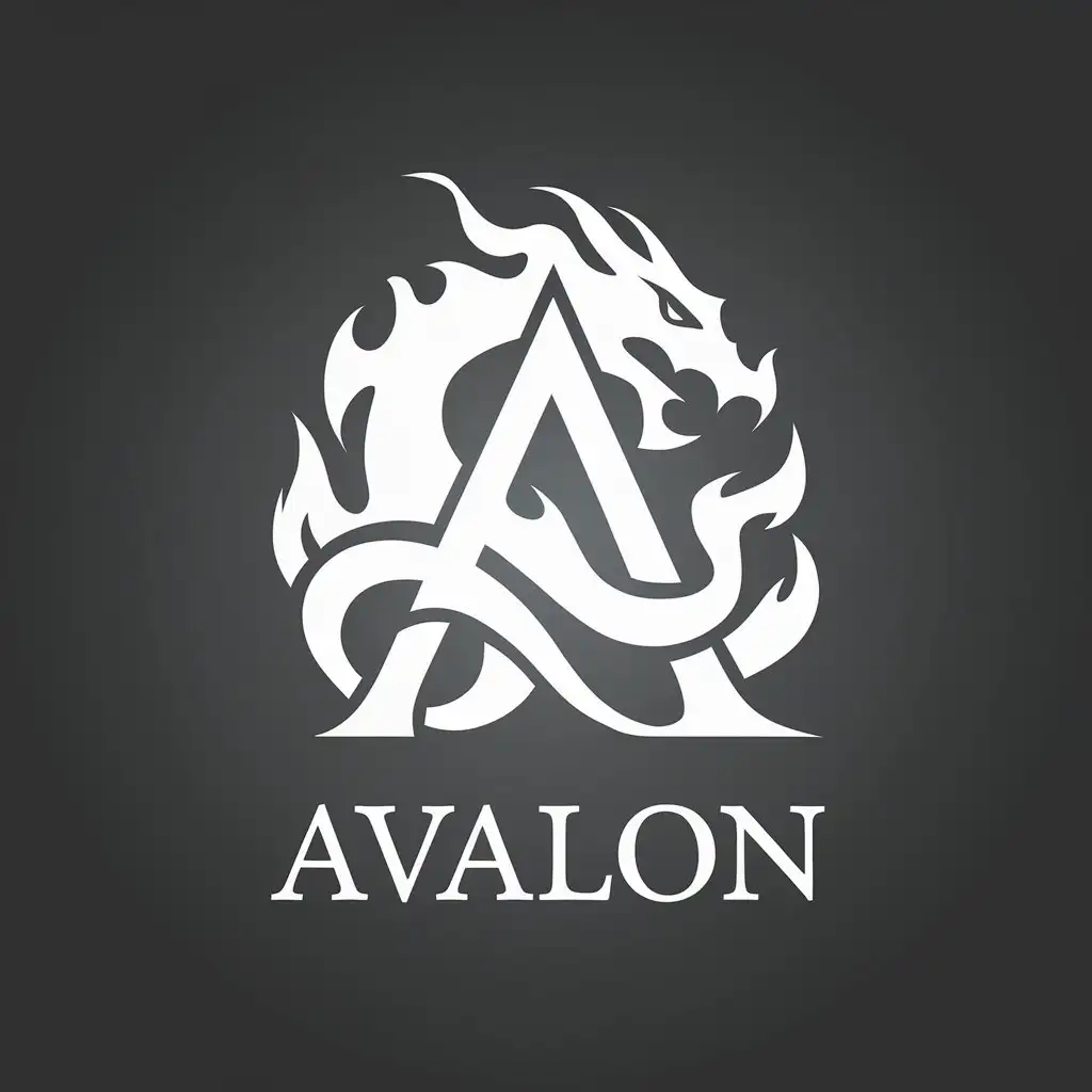 LOGO Design for Avalon White Letter A Surrounded by Flames or Dragon on Dark Gray Background