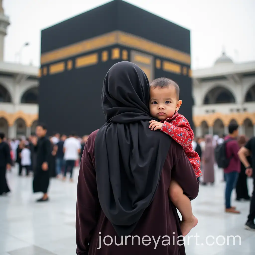 Indonesian-Woman-Carrying-Young-Boy-in-Front-of-the-Kaaba