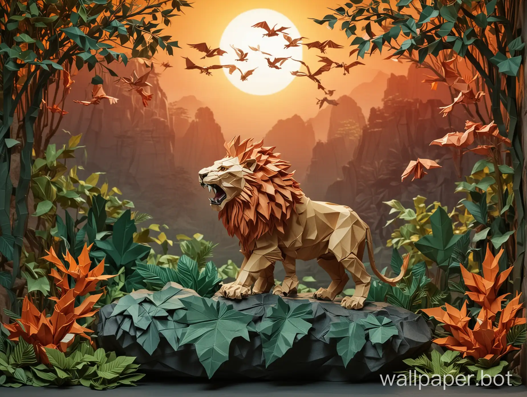 Lion roaring on a rock in the jungle. with background a dark green leaf sunset and phoenixes in origami