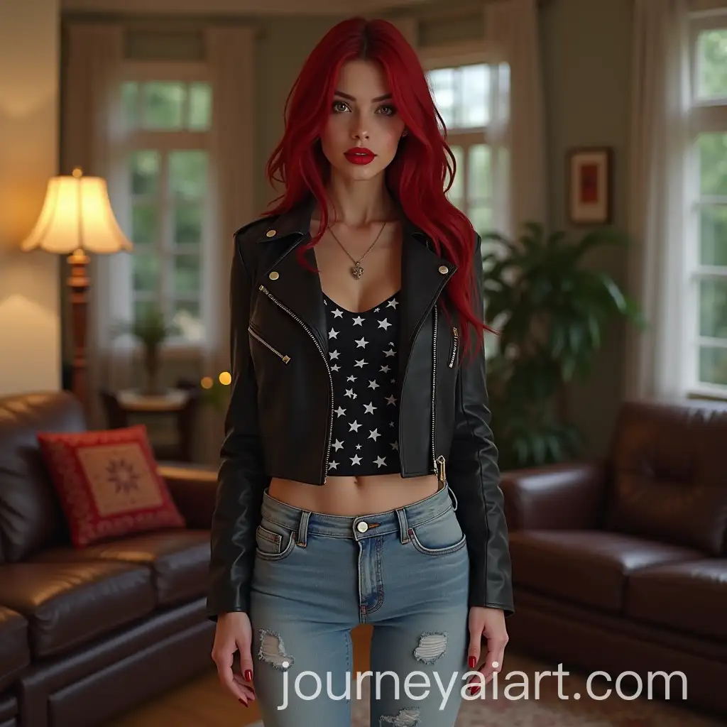 AI-Image-Prompt-ExpansionRogue-from-XMen-in-Black-Leather-Jacket-and-Skinny-Jeans-Relaxing-at-Home