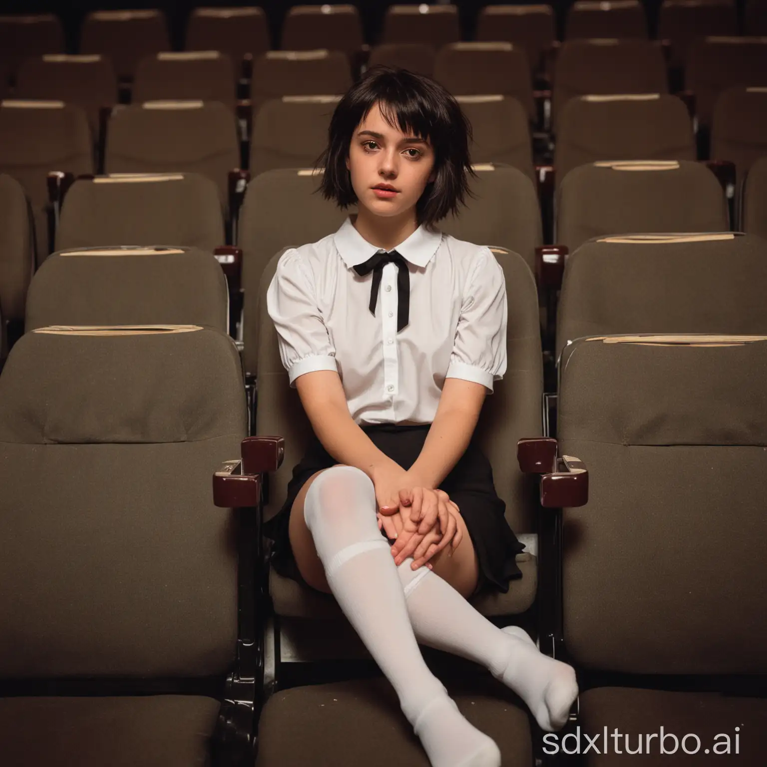 Lonely-Girl-in-Theater-with-Spiky-Bob-Hair-and-White-Blouse