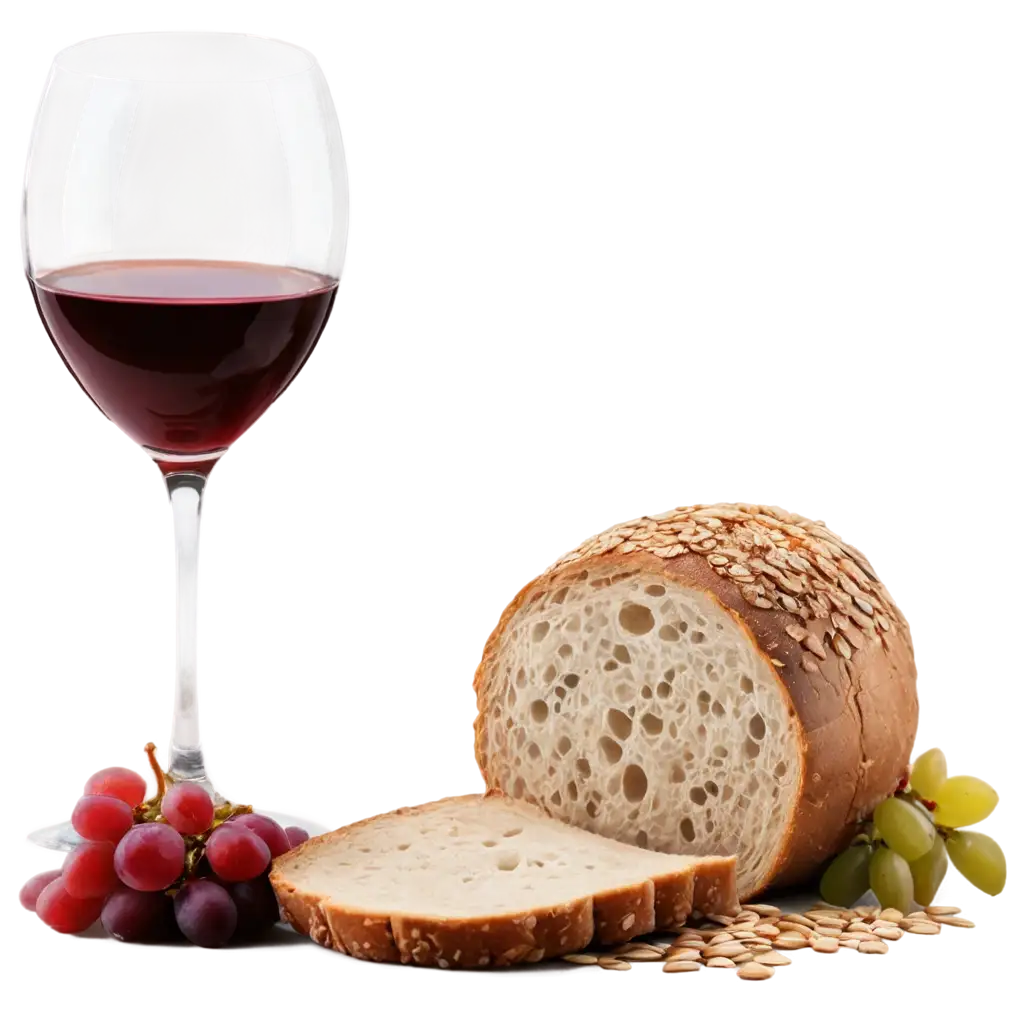 PNG-Image-of-Split-Bread-Wine-Glass-Wheat-Grain-and-Grapes-in-Ancient-Setting