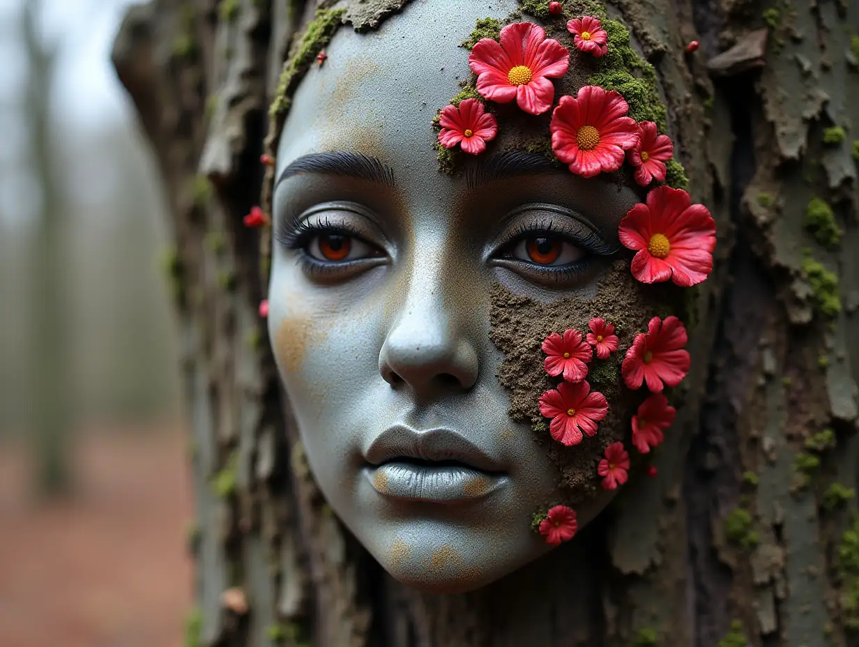Face with grey and red Fly Agaric roots transformed into building