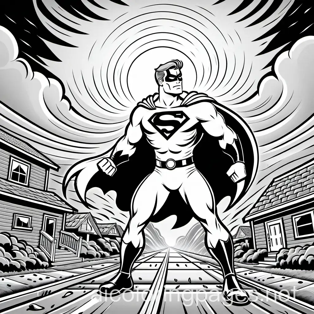 A superhero helps people find shelter during a tornado, Coloring Page, black and white, line art, white background, Simplicity, Ample White Space. The background of the coloring page is plain white to make it easy for young children to color within the lines. The outlines of all the subjects are easy to distinguish, making it simple for kids to color without too much difficulty