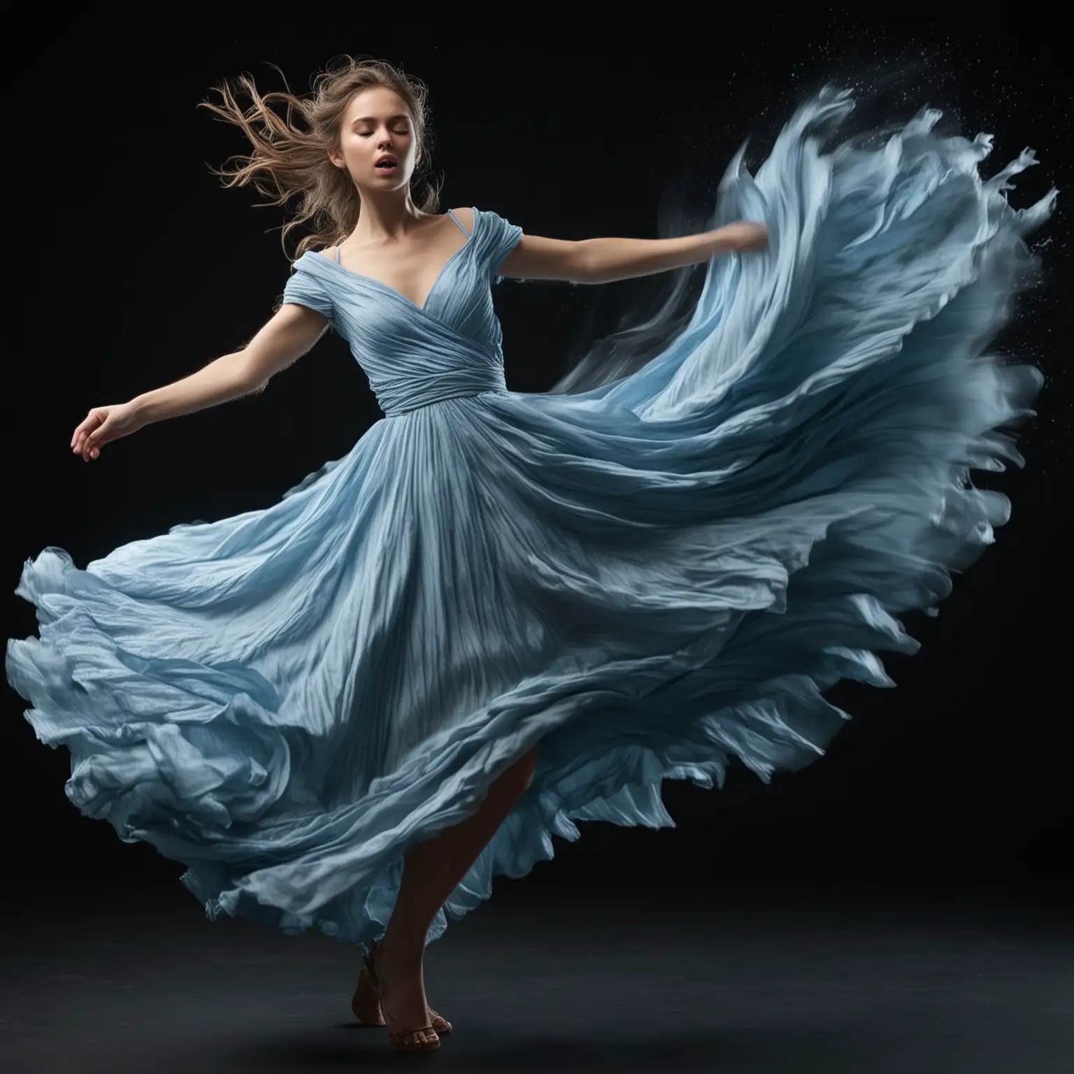 Photographic Quality. Highly Realistic. Beautiful young girl in a light blue swirling dress , low-speed shutter setting, slow motion,  wind blowing black background, she is on a stage