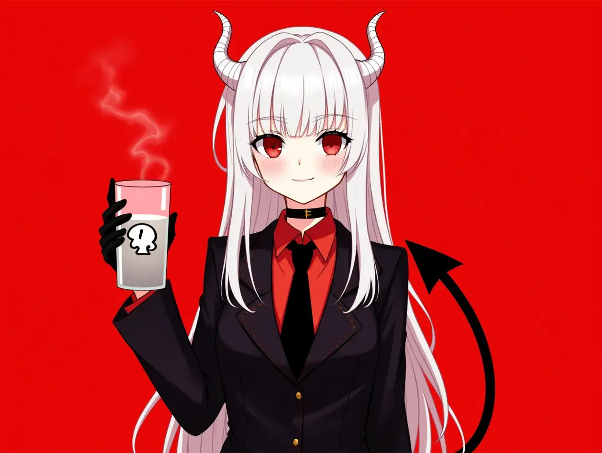 1girl, black necktie, black tail, business suit, cup, demon girl, demon horns, demon tail, drinking glass, formal, gloves, horns, long hair, looking at viewer, lucifer (helltaker), mole, mole under eye, necktie, red background, red eyes, red shirt, shirt, simple background, smile, solo, suit, tail, white hair, white horns