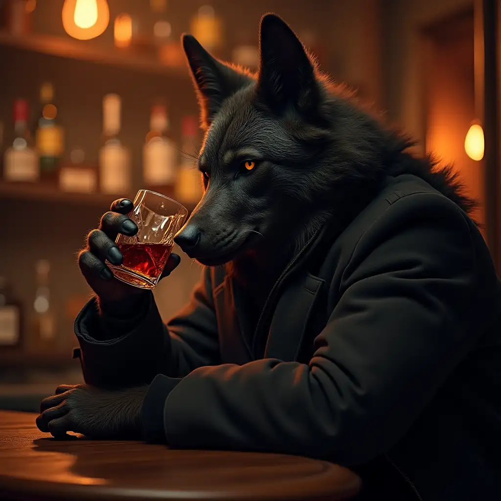 Werewolf-Enjoying-Cognac-in-a-Dimly-Lit-Bar