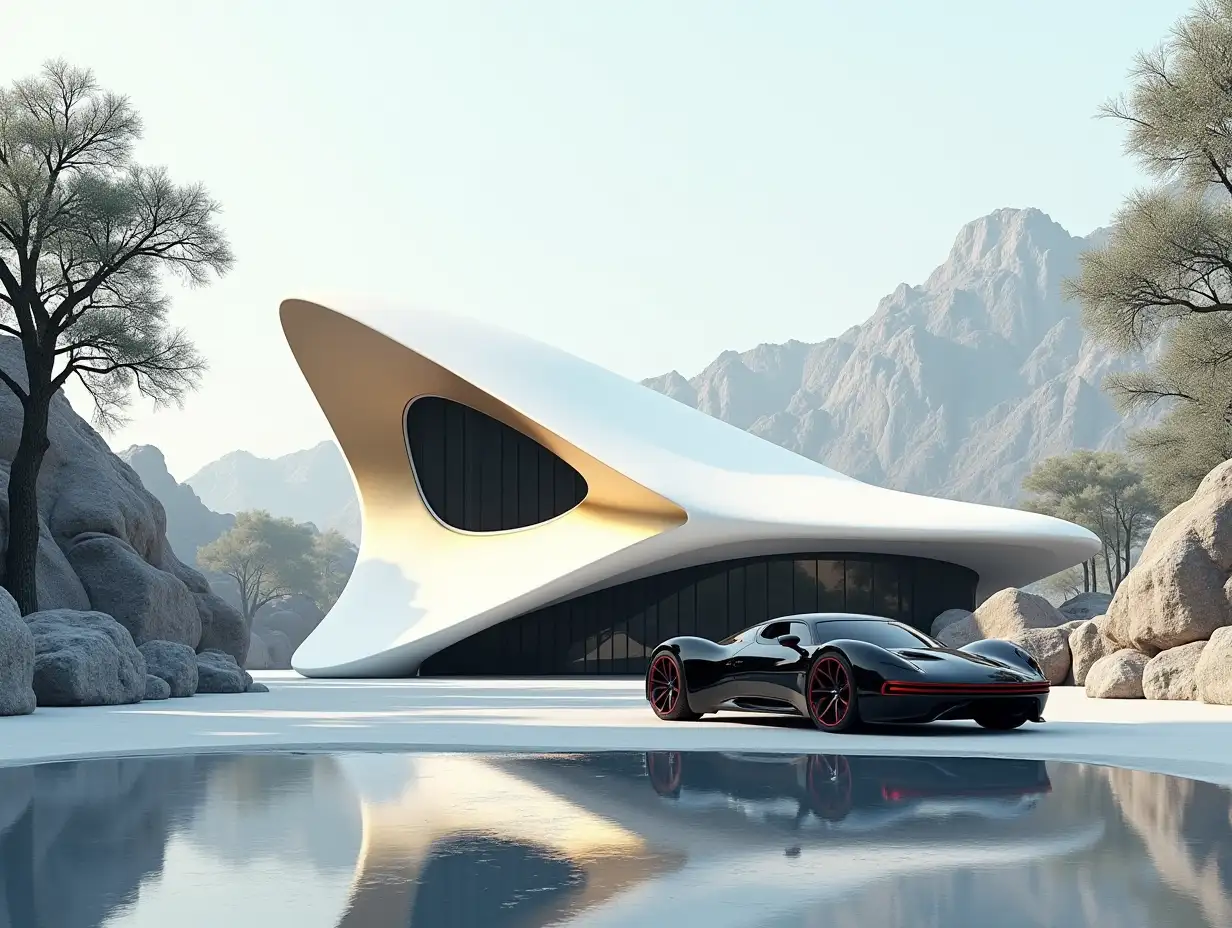 Create a high resolution realistic image of a futuristic white building with black and golden curves, large trees mountains, rocks and a futuristic black vehicle with red stripes