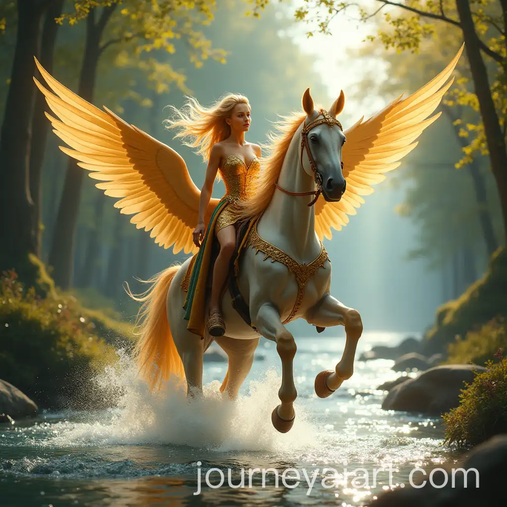 Majestic-Winged-Golden-Horse-and-Warrior-Princess-by-a-Diamond-River