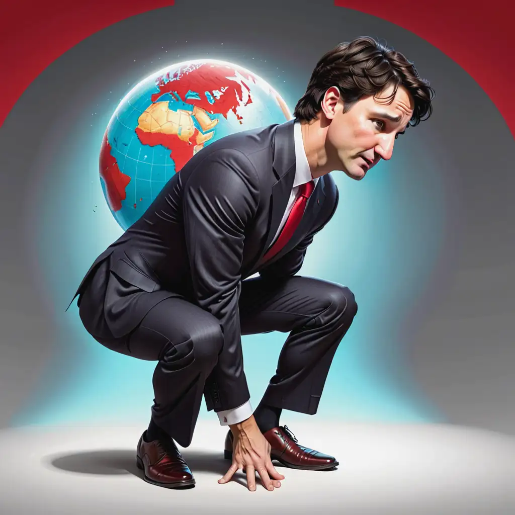 Canadian Prime Minister Justin Trudeau Cartoon Character Lifting Globe in Suit and Red Tie