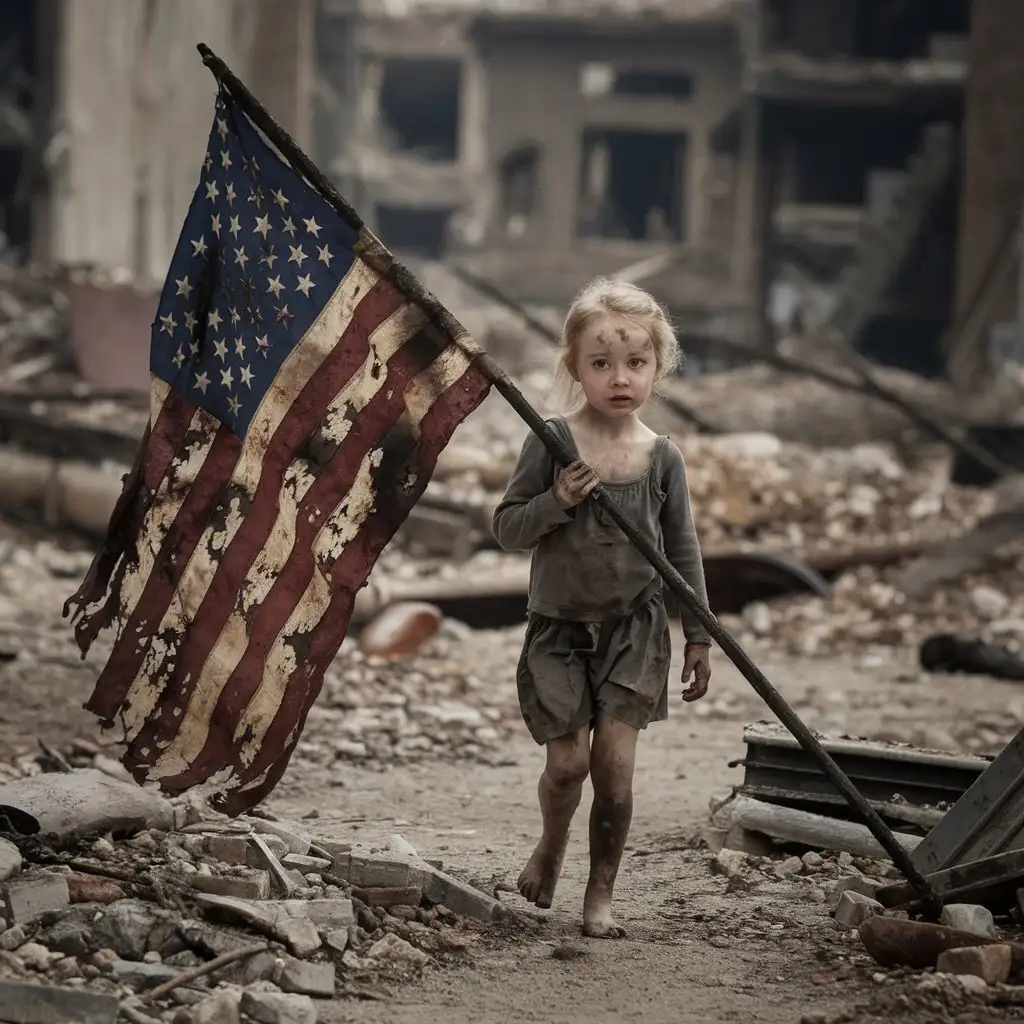 Young-Girl-Walking-Through-PostApocalyptic-New-York-City-with-Charred-USA-Flag