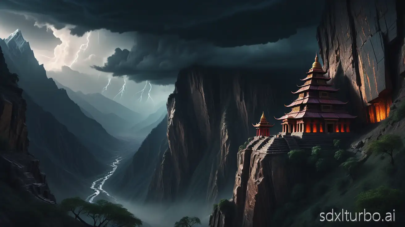 Cinematic wide shot of Himalayan valley, stormy sky, glowing ancient temple on a cliff, dramatic lighting, mystical atmosphere, ultra-detailed, 8k