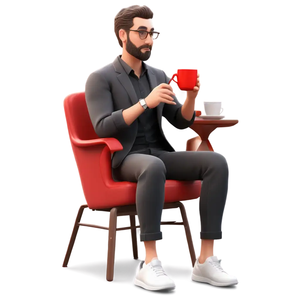 3D-PNG-Illustration-of-a-Man-Drinking-Coffee-While-Sitting-in-a-Red-Office-Chair