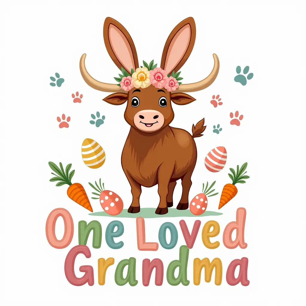 contour. Create a festive, Easter-themed image featuring a Highland cow wearing bunny ears and a flower crown. The cow should be surrounded by carrots, Easter eggs, and paw prints. The text 'One Loved Grandma' should be written boldly, in a decorative font with colorful letters.