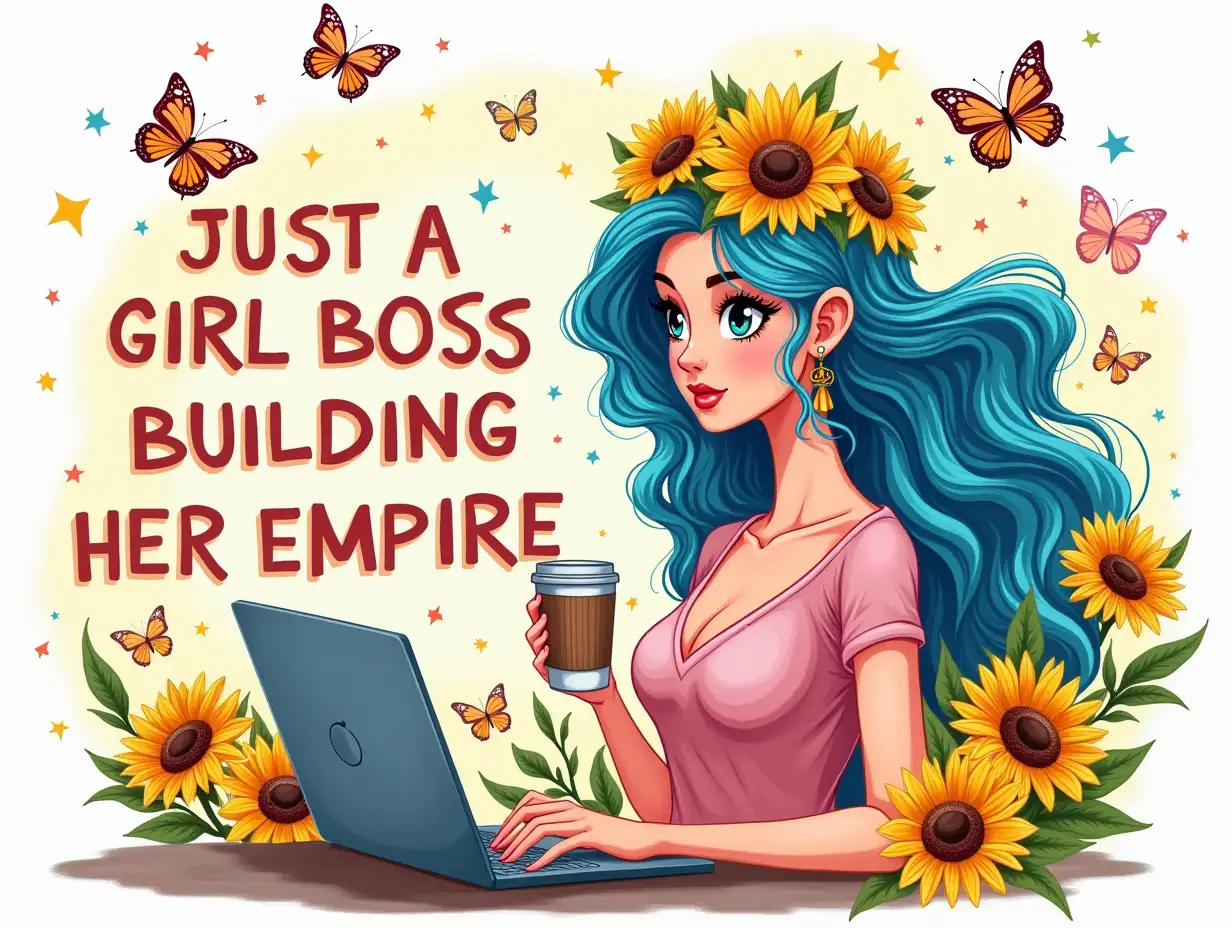 Create an image of a woman with flowing blue hair, adorned with a sunflower crown and surrounded by butterflies. She should be holding a coffee cup and laptop, with a determined expression. The text 'JUST A GIRL BOSS BUILDING HER EMPIRE' should be written in bold, colorful letters. The background should be filled with sunflowers, glitter, and other vibrant elements. Vector illustration, Art style: realistic description, Art inspiration: realistic description, Camera: Super sharp images, Snapshot: Daylight, Related information to conclude Output: High Resolution 4k, Detail 8k.