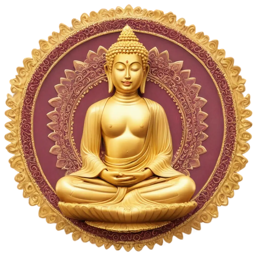 Golden-Buddha-PNG-Image-on-Burgundy-Mandala-Background-Serenity-and-Spiritual-Elegance