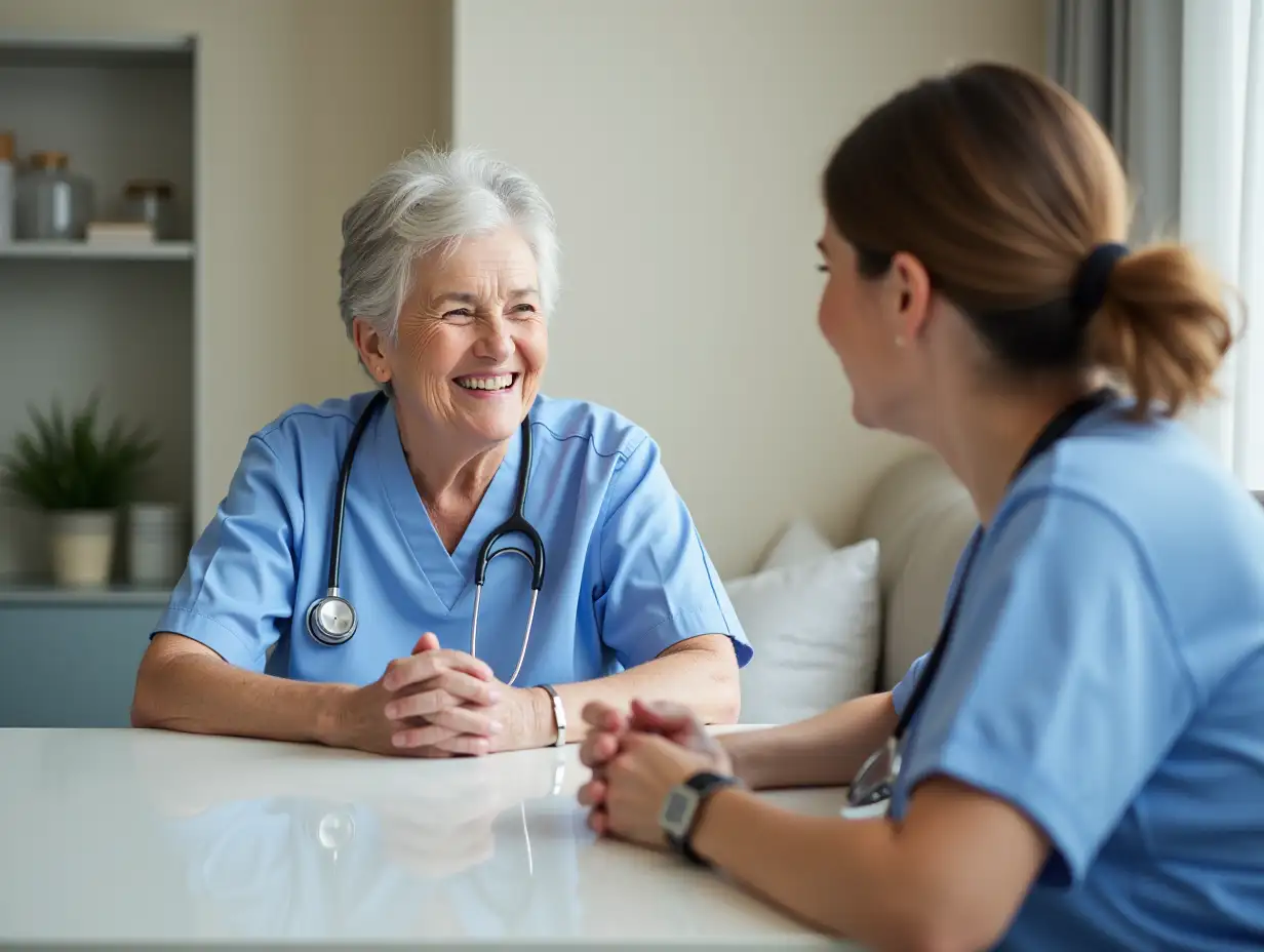 Positive senior lady sitting at table and smiling to her young nurse