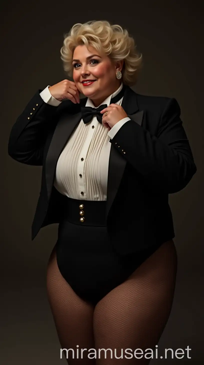 MiddleAged Caucasian Woman in Formal Orchestra Concert Tuxedo with High Heels and Fishnets