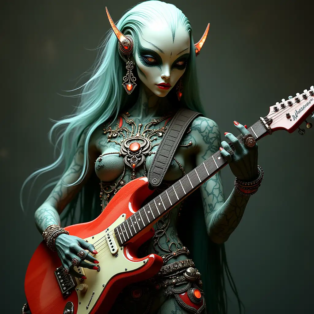 Hyperrealistic full body portrait of a beautiful black and white alien woman with silver and green long hair playing on a ruby e-guitar with intricate, colorful and futuristic jewelry.with a detailed background