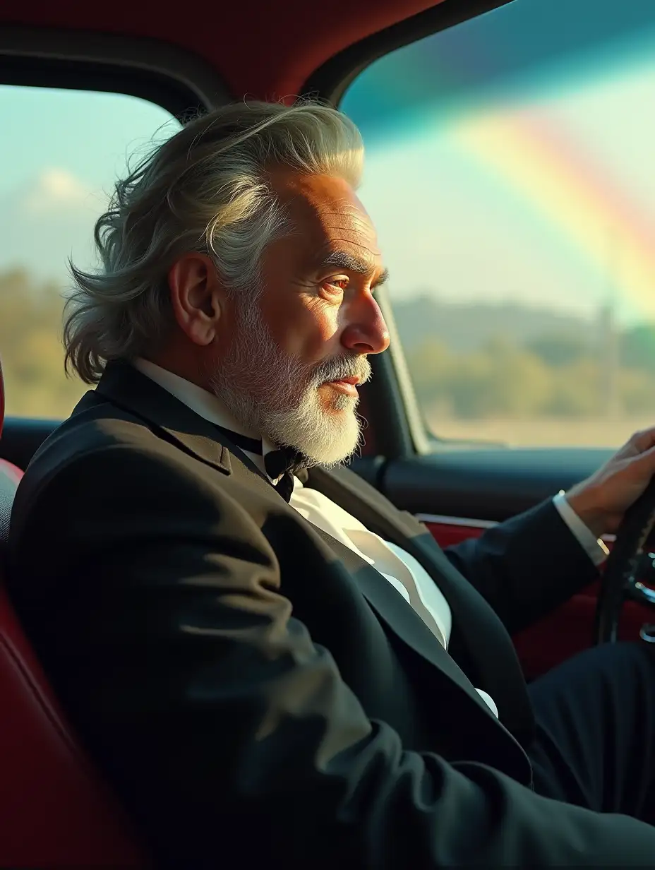 Prepare a video of an old man flying in an auto around a rainbow. With thick black hair with just few grey hairs. He should be wearing a tuxedo .