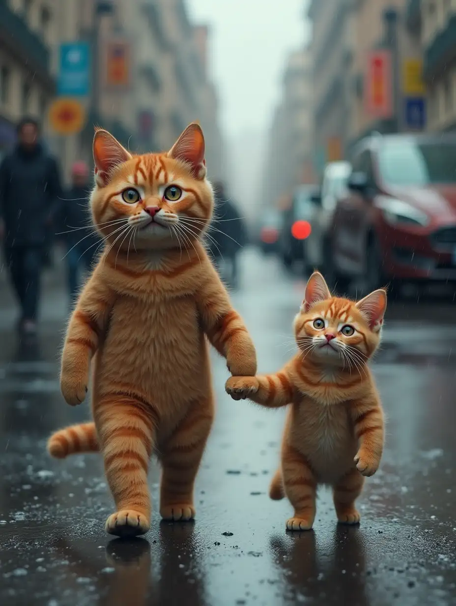 Cat Mom and child cats walking hand-in-hand down a busy street, sad scene, raining, good contrast, high resolution photo, face to camera