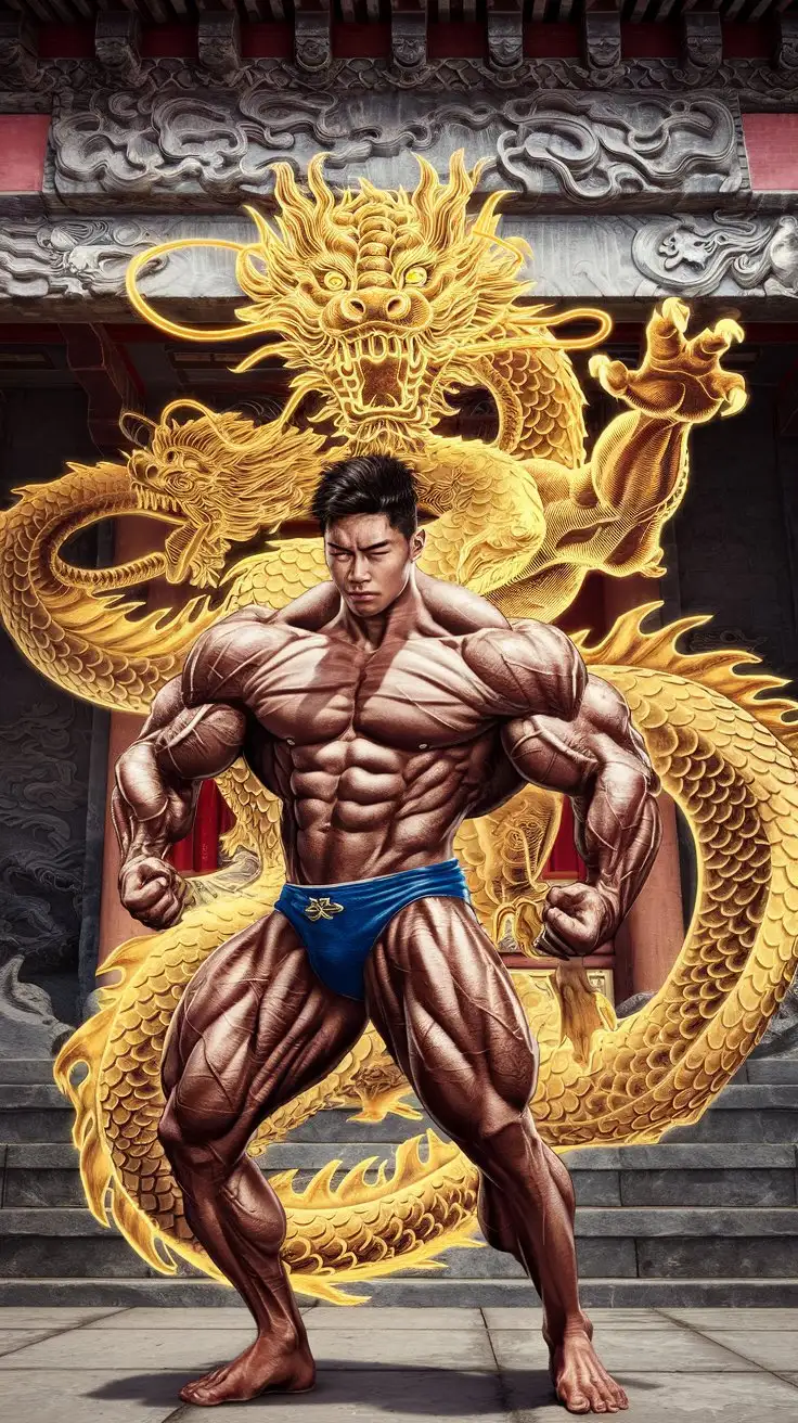 Powerfully muscled, hugely ripped, pumped, Chinese bodybuilder musclegod reverently receives the powers of the dragon, becomes a mighty superhero. 24 years old. Photorealistic.