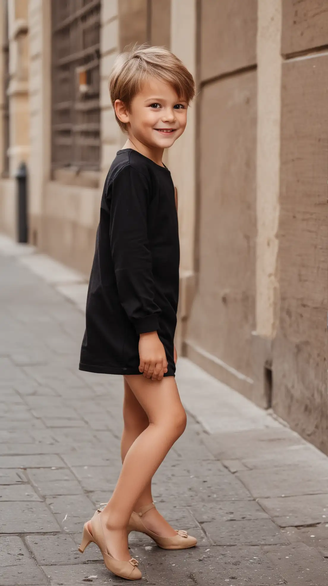 Little-Boy-in-Black-Dress-and-Beige-Heels-Smiling-in-City-Setting