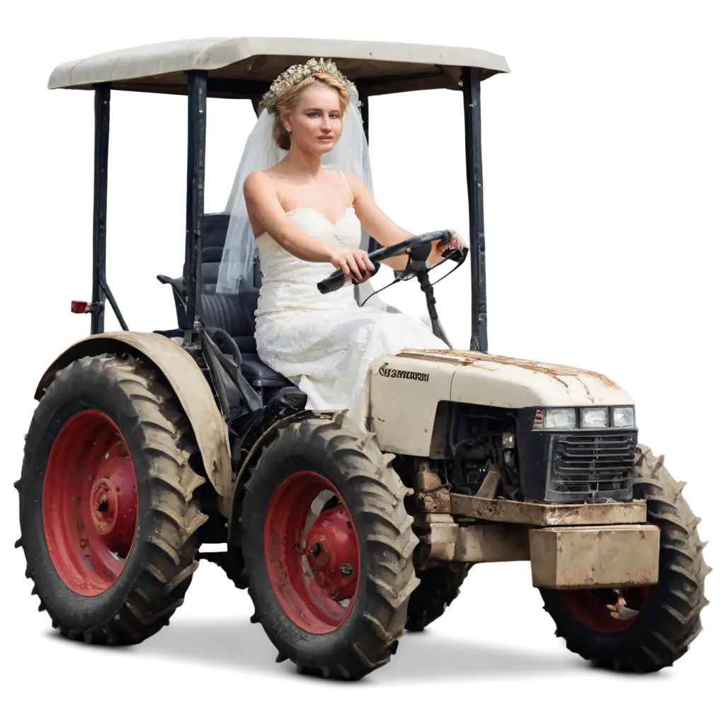 Blonde woman in a wedding dress driving a tractor