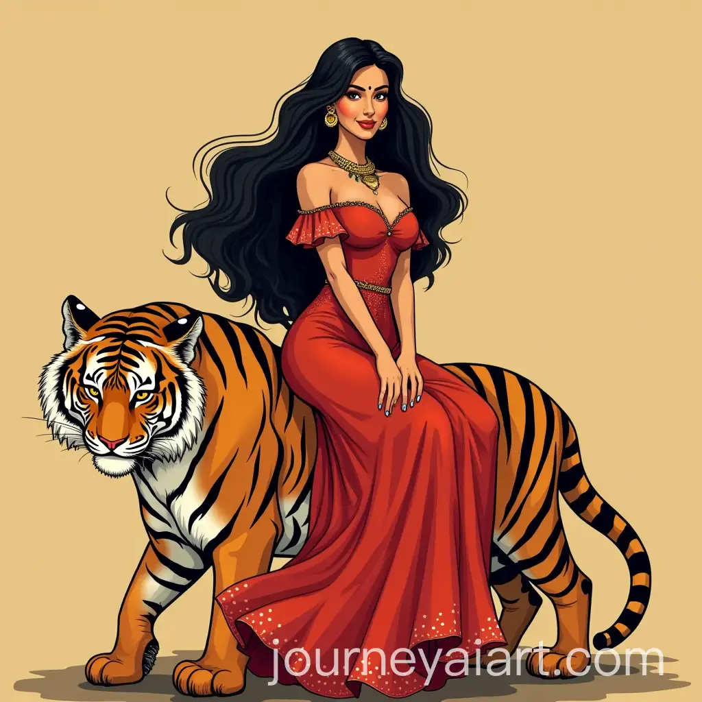 Digital-Illustration-of-Lady-in-Red-Flamenco-Dress-Sitting-on-Tiger-in-Hindi-Style