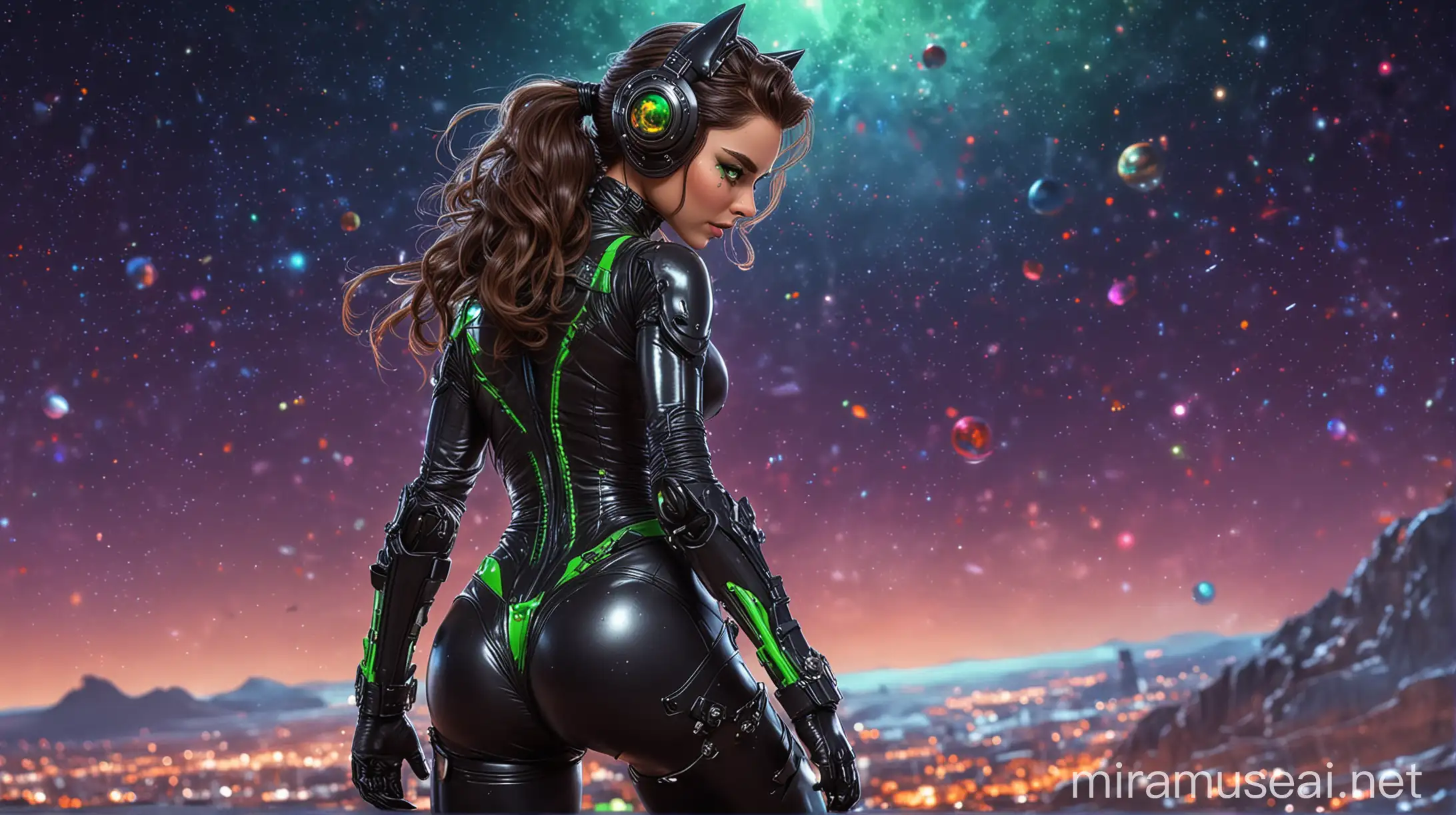 Anthropomorphic Catwoman in Futuristic Spacesuit Amidst a Colorful Night Sky