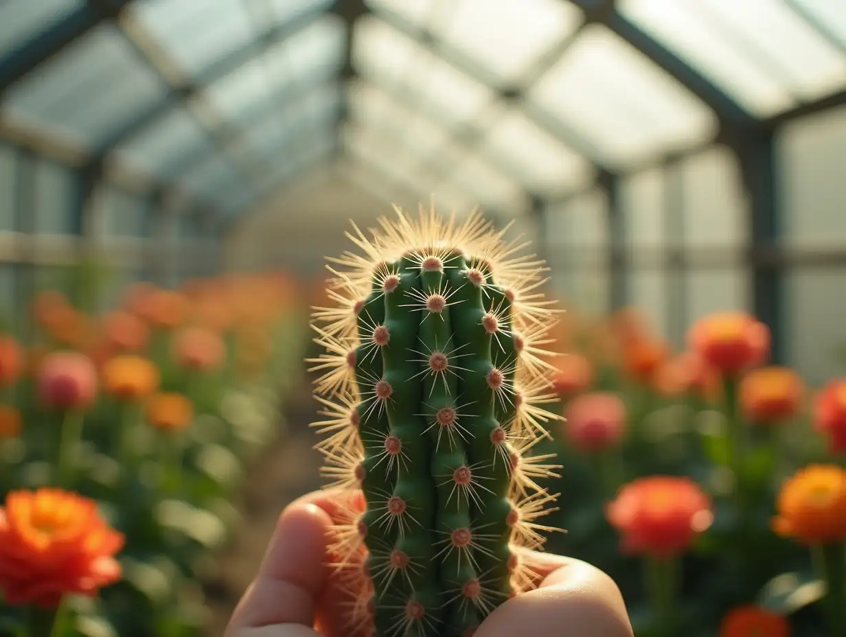 A light breeze gently hugs one cactus in a greenhouse with beautiful flowers.