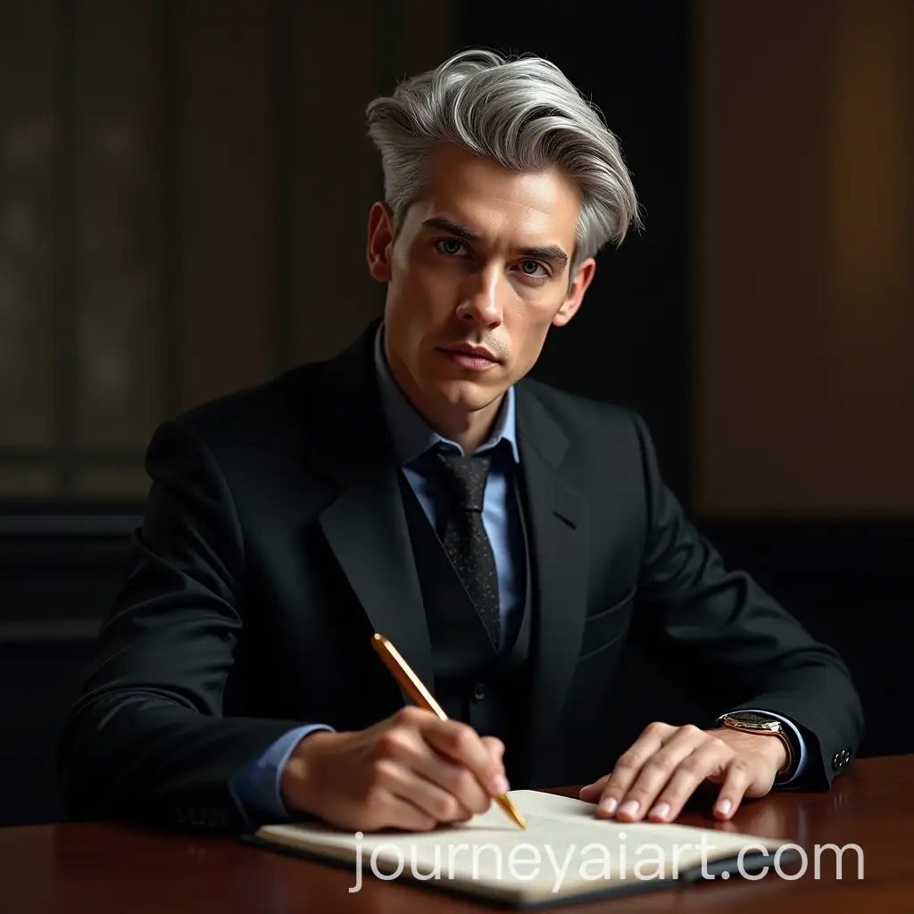 Stylish-SilverHaired-Man-in-Suit-Writing-at-Table