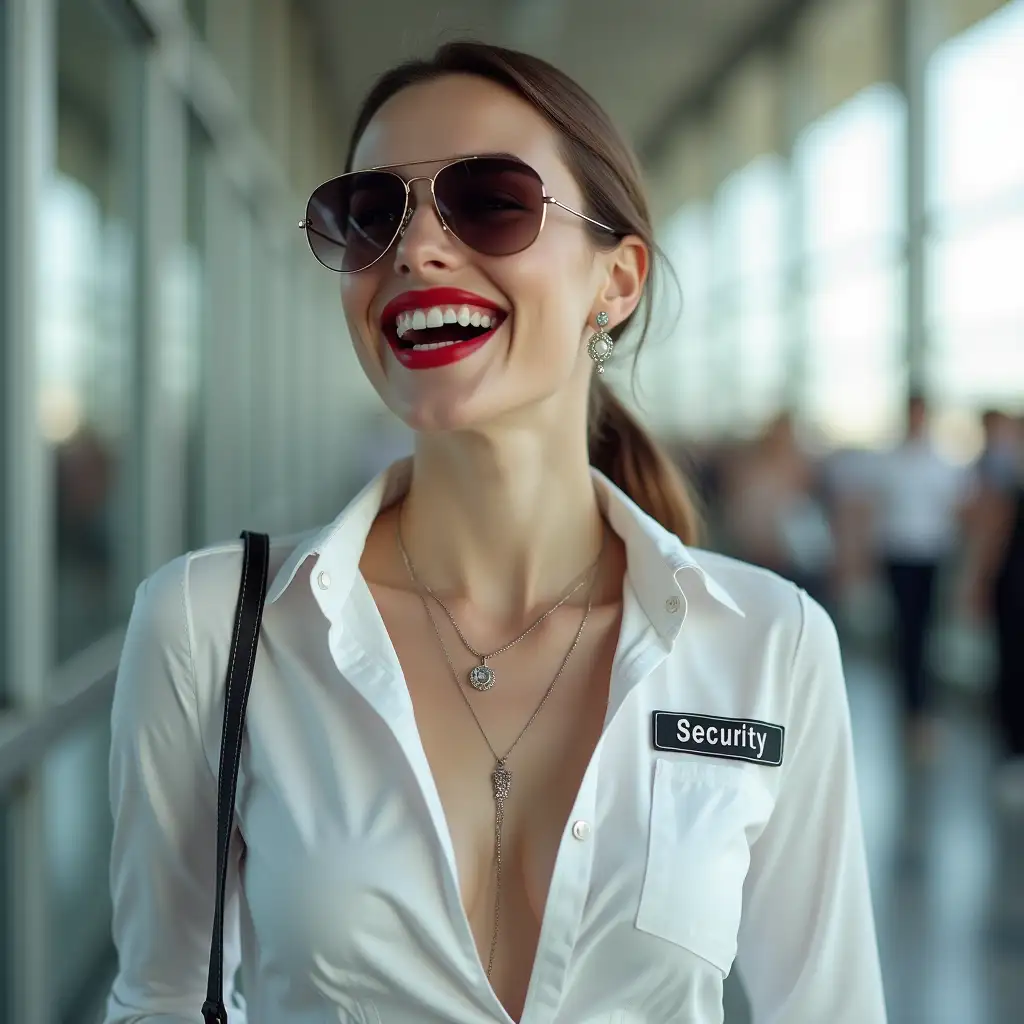 lady, wear an white deep-necked flight airport security shirt, laughing with her mouth open, red lipstick accentuating her smile, jewerly, aviator sunglasses, white skin, swinging riding crop in hand, airport, photo-realism, HD