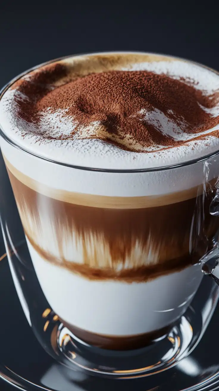 Closeup-of-Cappuccino-with-Cocoa-Art-in-Clear-Glass-Cup