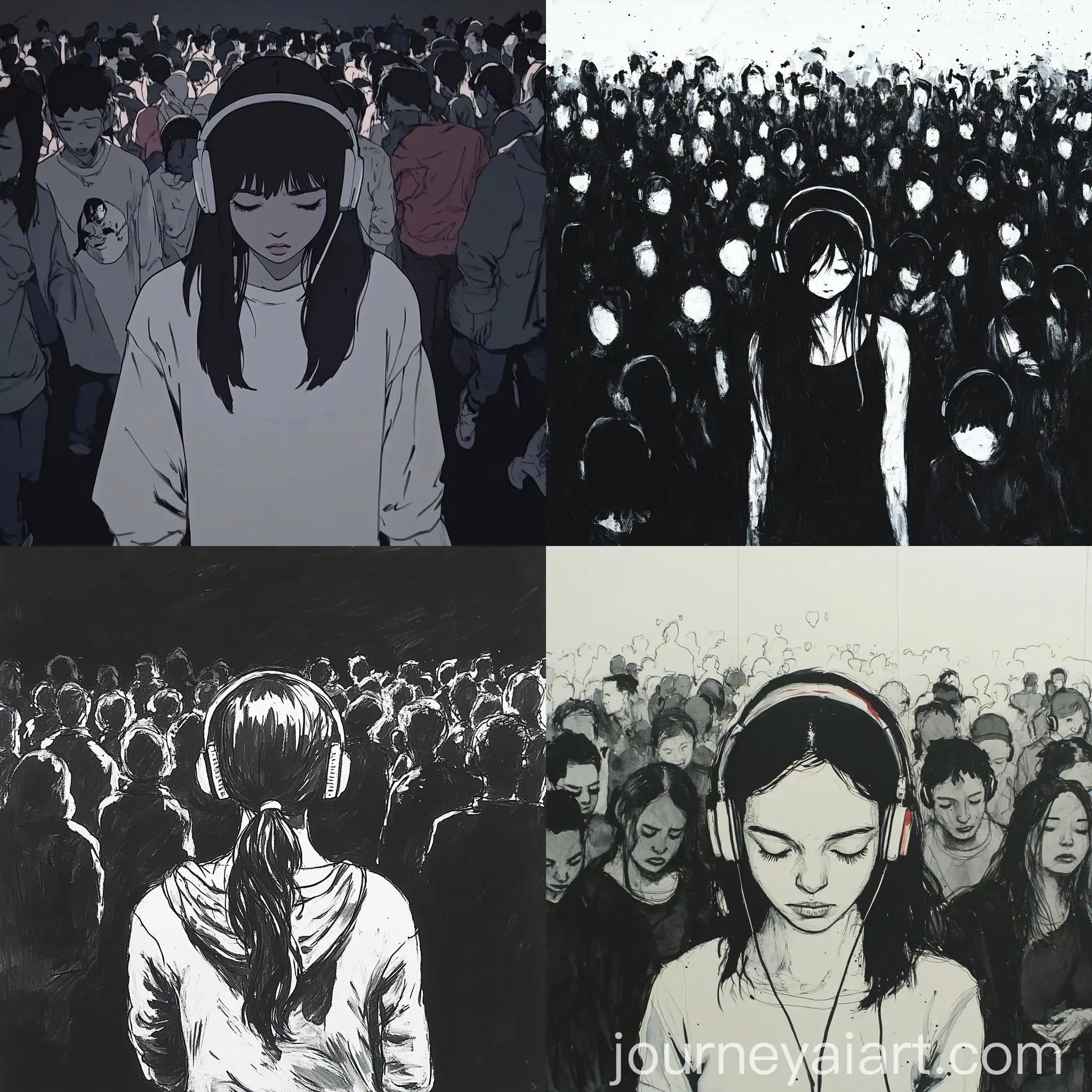 Girl-Walking-Through-Crowded-Urban-Scene-with-Headphones