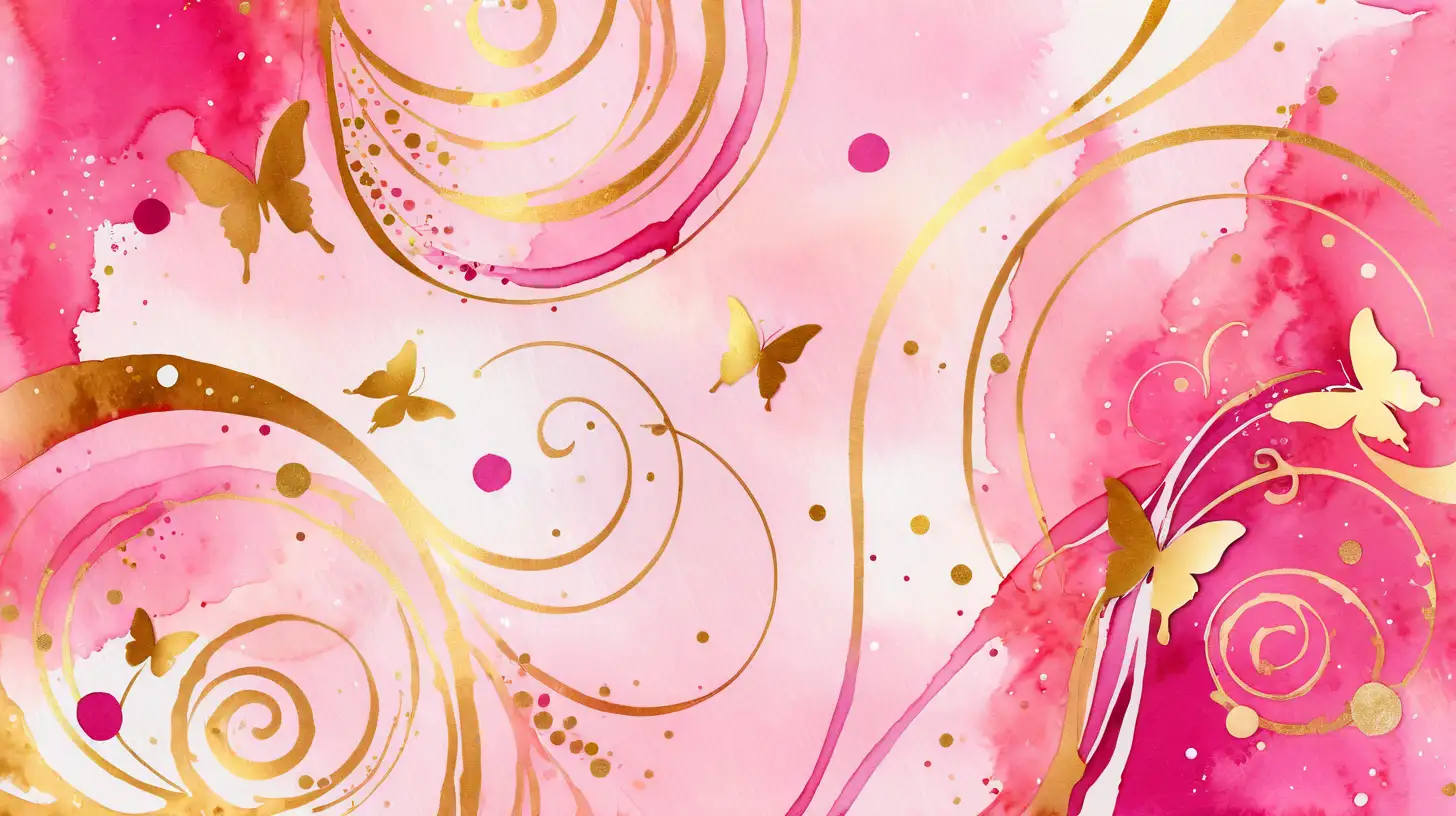 Abstract Minimalist Watercolor with Swirls Sparkles and Butterflies in Hot Pink Gold