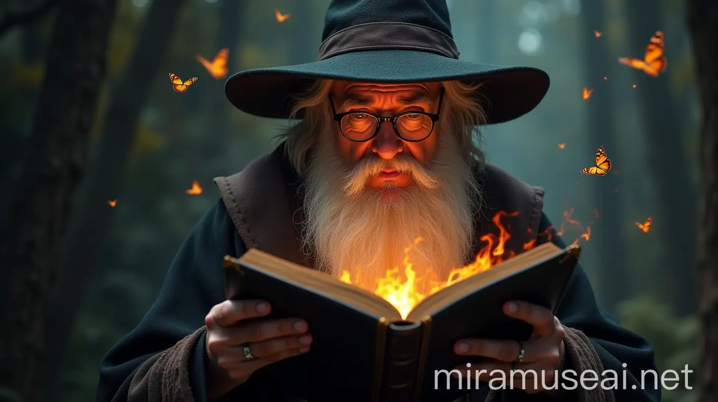 Realistic Wizard Reading a Mysterious Book Surrounded by Butterflies