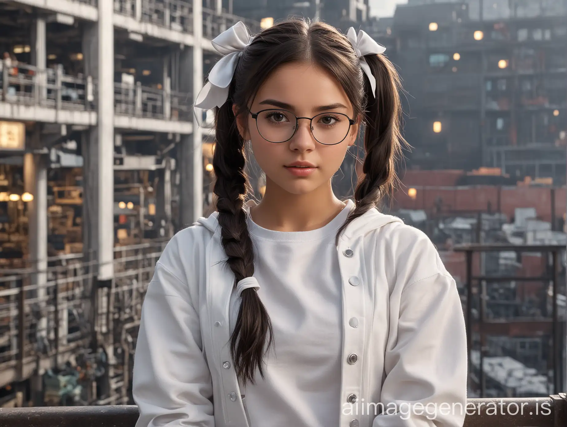 Young-Woman-with-Glasses-in-White-Outfit-on-Balcony-of-Factory-Assembly-Hall