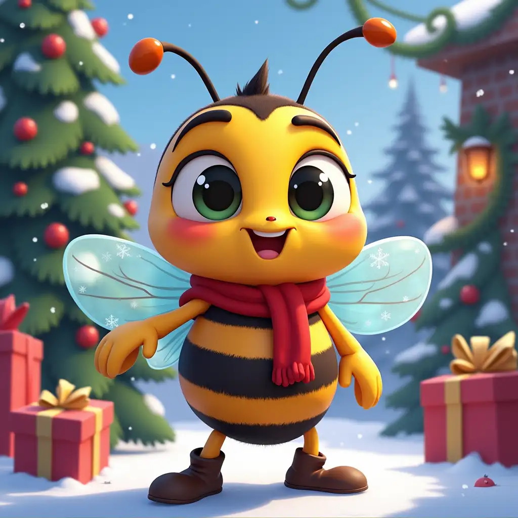 Create a cartoon bee with the nickname 'ubees', which is located in the world of GTA 5. The character should be surrounded by Christmas decorations and a festive atmosphere. The background should include winter elements such as a Christmas tree, garlands and snowflakes. Use bright and festive colors to create a cheerful and festive atmosphere.